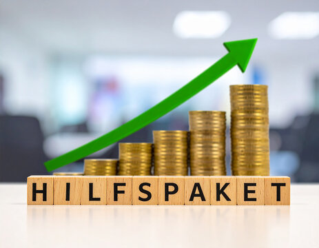 Holzklötze bilden das Wort "Hilfspaket" auf Münzstapel , mit einen steigenden grünen Pfeil.