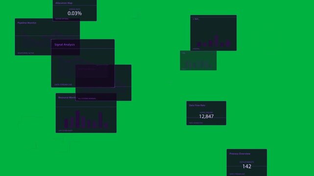 Data pulse appearing purple HUD spawning panels updating metrics fading showing network transparent