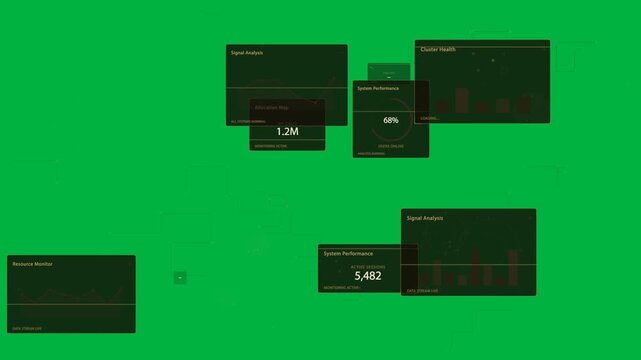 Signal burst starting HUD, gold nodes pulsing, panels sliding, showing metrics on transparent pane