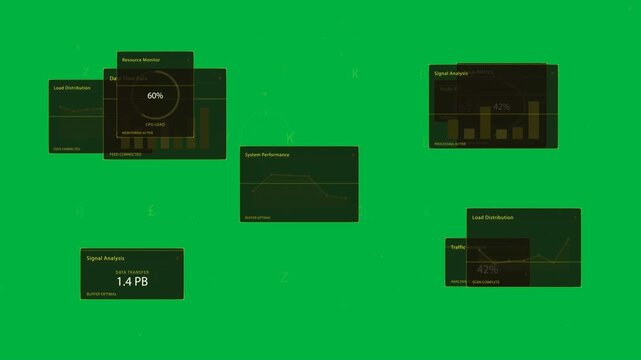 Tech HUD showing dotted diagonal, initiating panels sliding in for monitoring over transparent grid