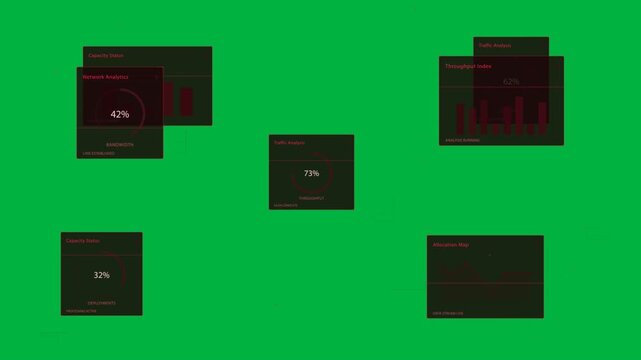 Grid pulse starting red HUD widgets showing system stats stacking shifting fading on transparent