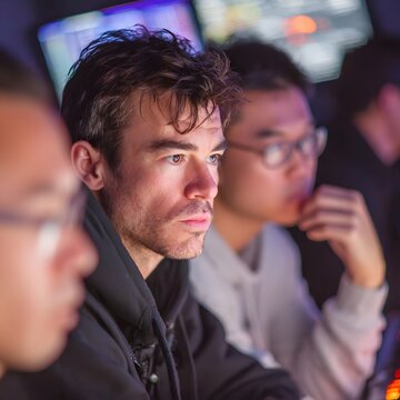 Intense Man Concentrating on a Data Screen in a Technical Control Room