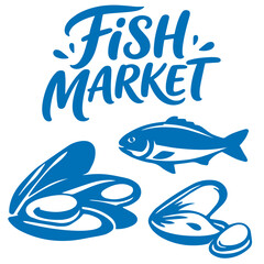 Obraz premium Fish market seafood assortment with fish and shellfish illustration 