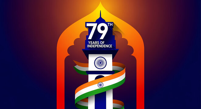 A vibrant illustration commemorating India's 79th Year of Independence, featuring a monument adorned with the national flag.
