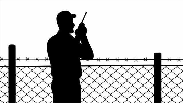 Isolated black silhouette of a vigilant security guard wearing a cap holding a radio transceiver to his ear standing behind a barbed wire fence under a clear sky conveying