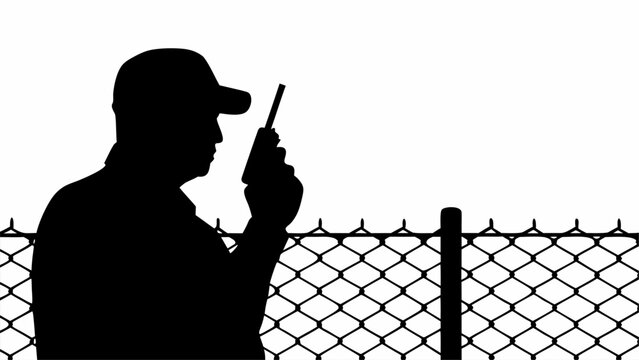 Silhouette of a security guard wearing a cap holding a radio communicator in his hand standing near a chain link fence with barbed wire on top symbolizing border control