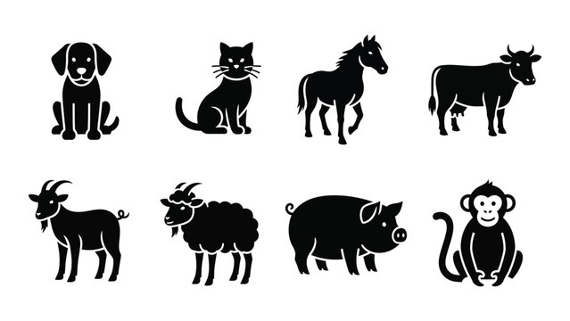 A collection of farm and wild animals depicted in a minimalist black style showcasing a distinct silhouette high quality professional detailed
