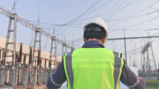 Power line electrician substation engineer in hard hat safety vest inspecting high voltage transmission line infrastructure utility upgrade planning