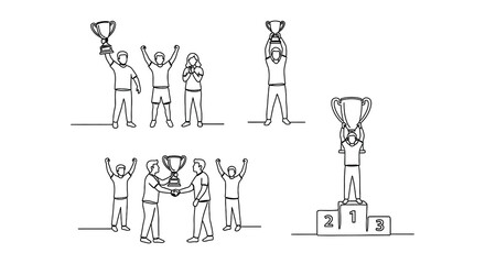 Naklejka premium Line art illustration of diverse people celebrating with trophies