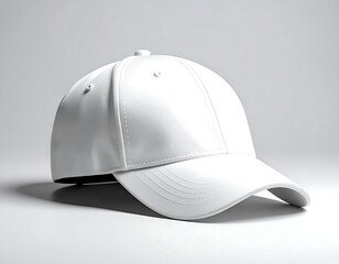Fototapeta premium A pristine white baseball-style cap, angled slightly, sits against a softly lit gray gradient background. The clean design is uncluttered and minimal