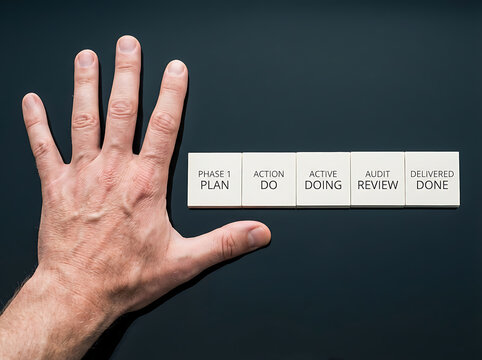 A hand rests on a dark surface, near tiles spelling out a business process workflow Plan, Action, Doing, Review, Audit, Delivered