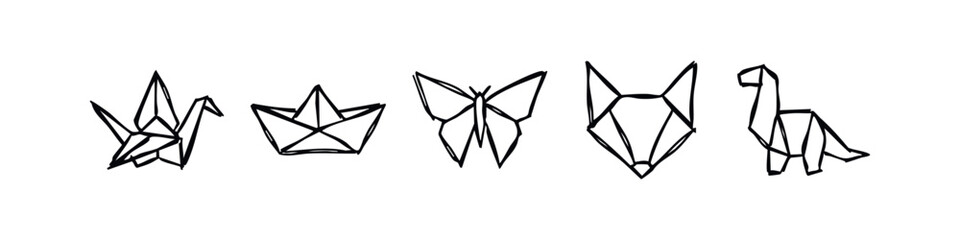 Hand-Drawn Origami Paper Art Icons - Crane, Boat, Butterfly, Fox, and Dinosaur Sketches © liubomir118809