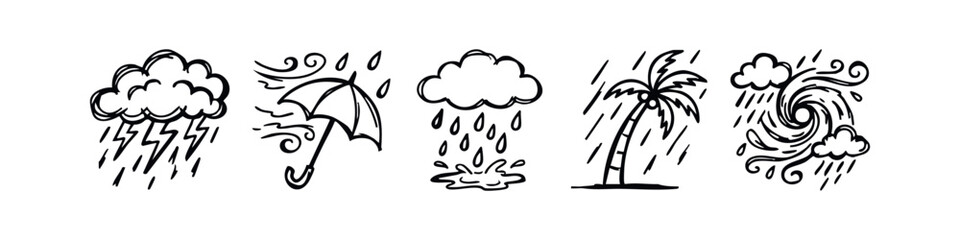 Hand-Drawn Extreme Weather Icons - Storm, Wind, Rain, Hurricane, and Tropical Storm Sketches © liubomir118809