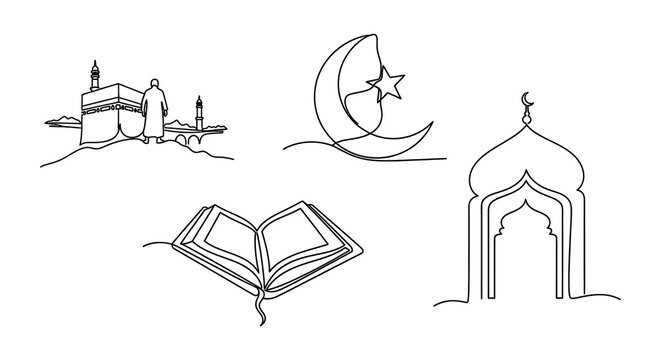 Line art illustration of islamic architecture and arafah day calligraphy