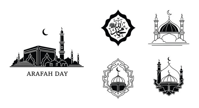 Line art illustration of islamic architecture and arafah day calligraphy