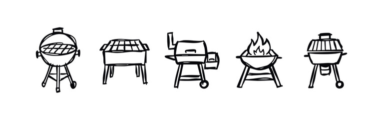 Hand-drawn BBQ Grills and Barbecue Icons Set