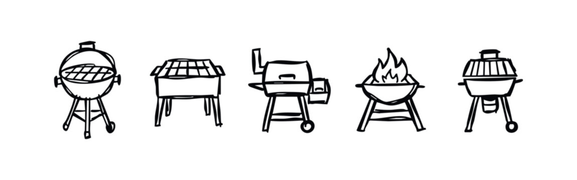 Hand-drawn BBQ Grills and Barbecue Icons Set