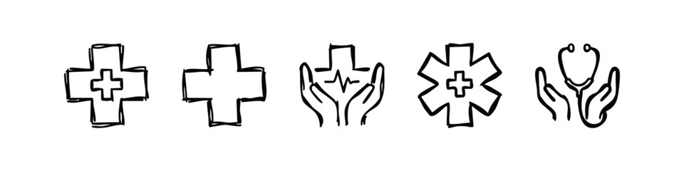 Obraz premium Hand-Drawn Doodle Medical and Healthcare Icons Set. Sketchy Health and Emergency Symbols