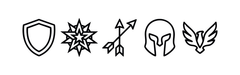 Obraz premium Modern Mythology and Warrior Line Icons Set: Shield, Star, Arrows, Helmet, and Phoenix Symbols.
