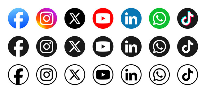 Popular Social media network icons circle buttons collection 2026. Facebook, Instagram, Twitter, X , YouTube, LinkedIn, WhatsApp and TikTok. Round vector Contact icon set