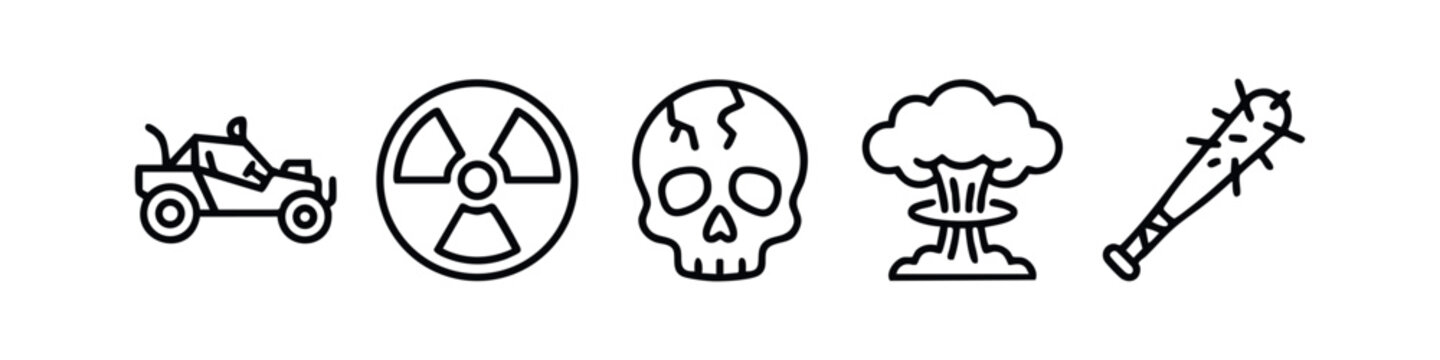 Post-Apocalyptic and Danger Line Art Icons Set - Survival, Radiation, Skull, Nuke Outlines