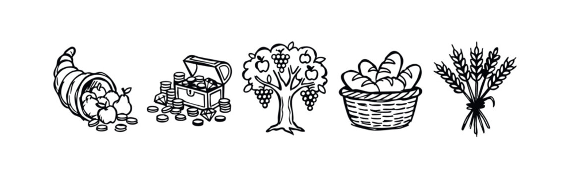 Cornucopia with fruits and coins icon, symbol of abundance, harvest, and prosperity.