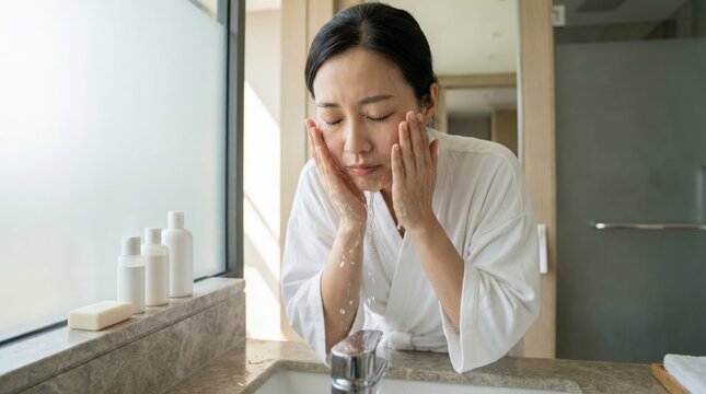 Jet lag recovery morning wash in hotel bathroom with natural light