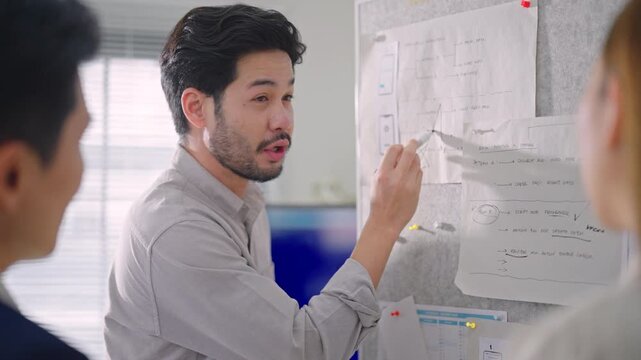 Close up Asian businessman and team discussing application workflow, data analysis, and team tasks pinned on a whiteboard during a strategic meeting.