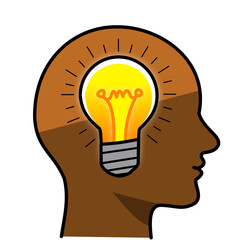 Creative idea and innovation concept: human head profile silhouette with a glowing lightbulb inside © Nusaimah