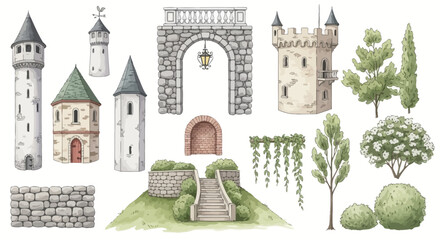 Watercolor Medieval Castle Elements Set. Hand-drawn Fairytale Kingdom Architecture and Garden Landscape Creator Kit © imran