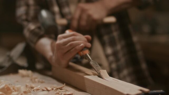 Professional carpenter shaping wooden surface with chisel and mallet on workbench in woodworking workshop. Close up, tilt up shot