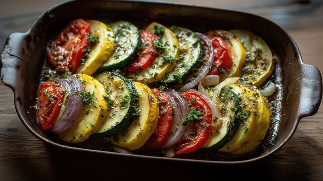 Ratatouille traditionnelle aux l&eacute;gumes d'&eacute;t&eacute; dans un plat en fonte