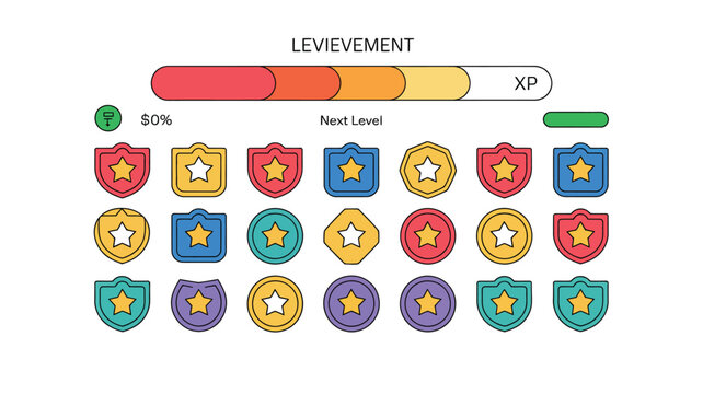 Gamification achievement interface with progress bar xp levels and colorful reward badges in user dashboard design 