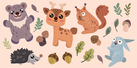 Fototapeta premium Set of cute baby forest animals. Collection of hand drawn cartoon characters, leaves, mushrooms, plants. Happy hand drawn deer, small squirrel, bear child, hedgehog. Vector illustration in kids style.