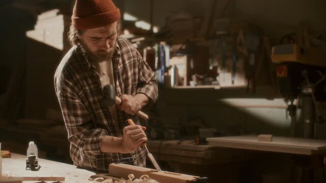 Focused carpenter carving wooden plank by striking chisel with mallet in cozy sunlit workshop, shaping material during crafting process