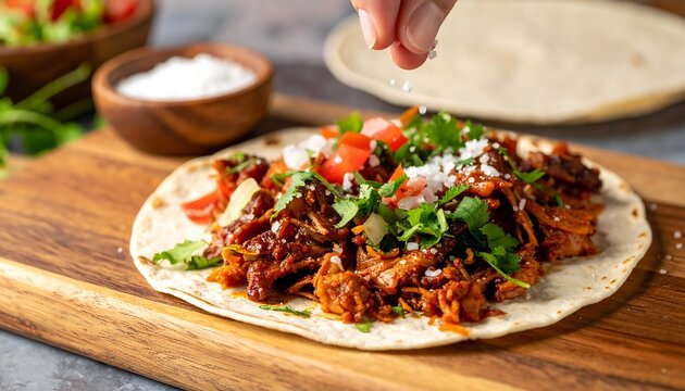 Close-up shot of hand seasoning a taco with salt. The tortilla is loaded with seasoned meat, chopped vegetables, and fresh herbs. A bowl of salt sits in the background