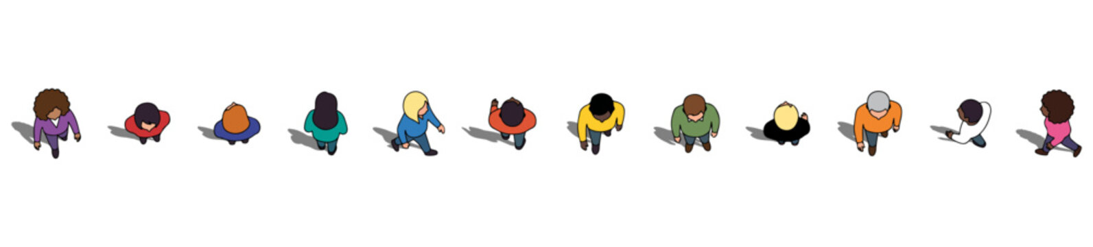 Top View Diverse People Walking Set Vector Illustration, Overhead Perspective Multicultural Characters Collection for Architectural Plans, Crowd Design, Urban Scene, Flat Minimal Style