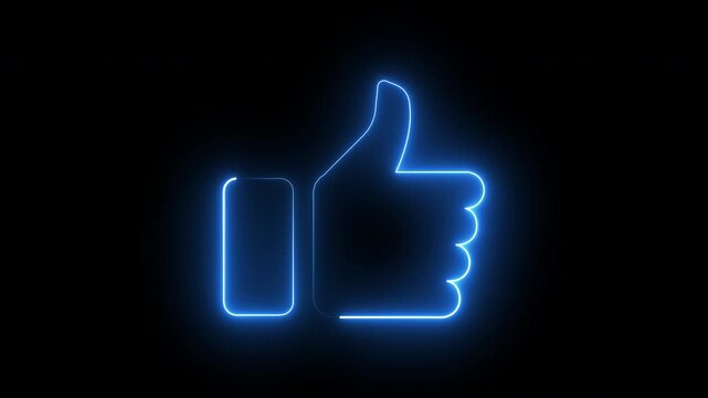 Glowing blue neon thumbs up icon, perfect for social media network vector illustration and web design concept. 4K video.