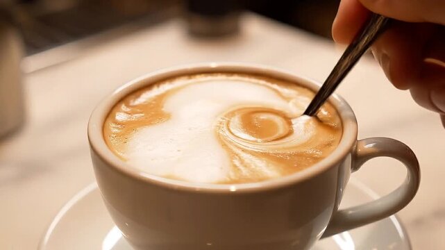 Hand stirring coffee in a white cup with frothy milk, creating swirling patterns on the surface in a cozy cafe setting with warm lighting
