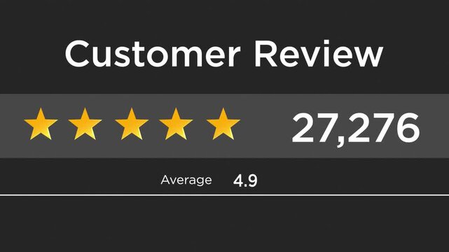 Animated counter of customer reviews on black background; stars score rating footage for product reviews, consumer feedback metrics, and digital business growth.