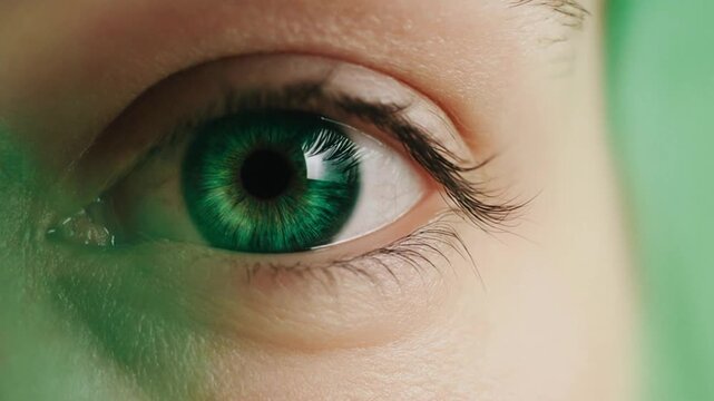 Extreme macro close-up of a human eye with vibrant emerald green iris, detailed skin texture on the eyelid, and long dark eyelashes against a soft green atmospheric background.