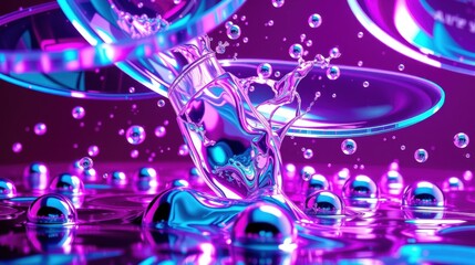 Fototapeta premium Vibrant liquid sculpture, glowing neon hues, dynamic splash. Reflective surfaces create surreal, futuristic aesthetic. Dramatic lighting enhances visual impact.