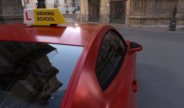 Driving school car with yellow rooftop sign and beginner driver sticker on rear window, learner driver concept - 3D rendering