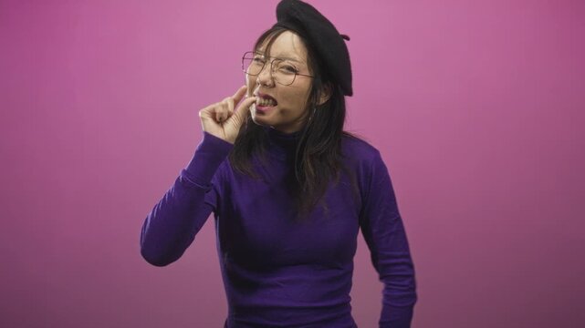 Woman pinching fingers near cheek with wincing squint, wearing purple turtleneck and black beret in studio; annoyance.