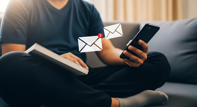 Person sitting on a couch holding a smartphone with digital email icons