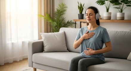 Fototapeta premium Young woman practicing mindful breathing with headphones on sofa