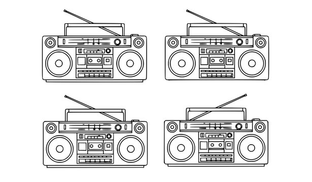Vintage boombox outline vector set with retro radio cassette line art isolated on white background