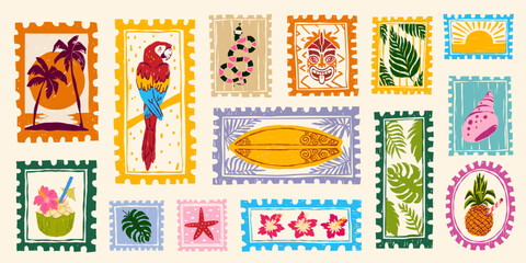 Vintage summer hand drawn postage stamps with tropical beach elements, postcard frames, vector sticker illustrations. Exotic vacation motifs, retro travel design and coastal prints with palm, parrot © klyaksun