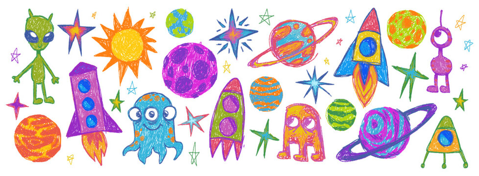 Hand drawn space doodles with crayon texture, cartoon vector illustration isolated on white background. Color planets, stars, rockets and cute aliens for kids' cosmic projects and universe design