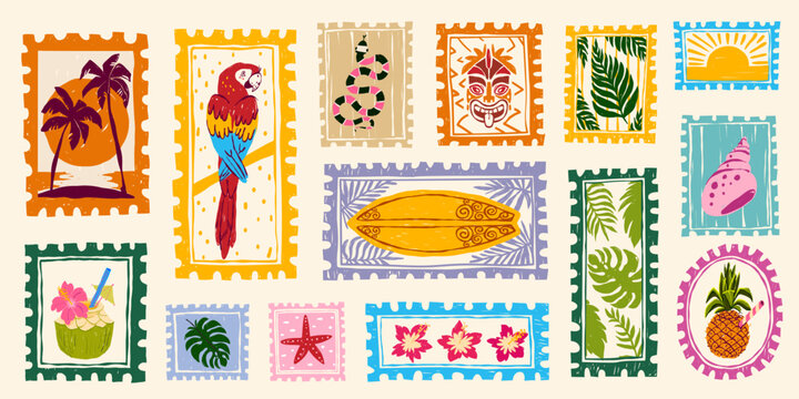 Vintage summer hand drawn postage stamps with tropical beach elements, postcard frames, vector sticker illustrations. Exotic vacation motifs, retro travel design and coastal prints with palm, parrot